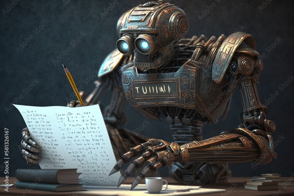robot writing a note in a notebook. Generative AI robot writing a note in a notebook. Generative AI