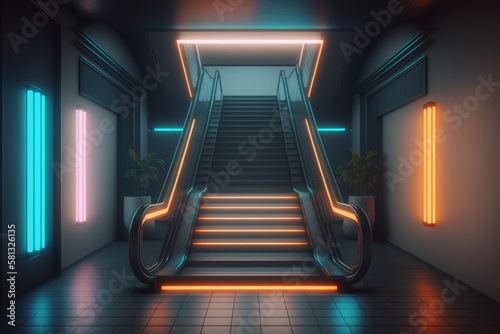 Futuristic corridor with stairs and neon lights, Generative AI