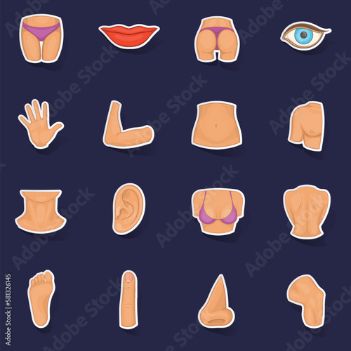 Body parts icons set stikers collection vector with shadow on purple background