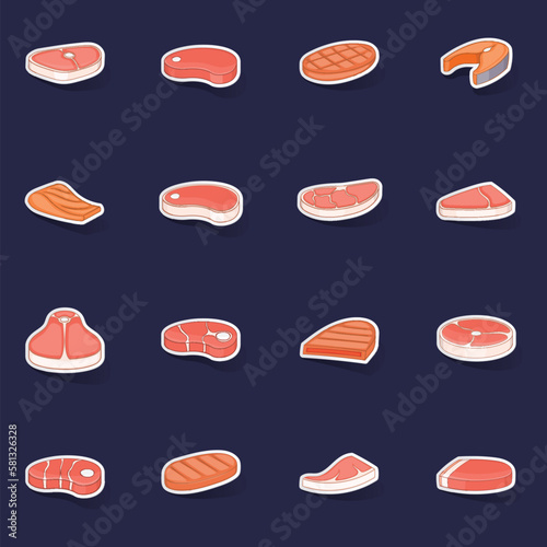 Steak icons set stikers collection vector with shadow on purple background