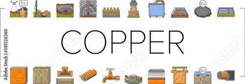 copper metal production steel icons set vector