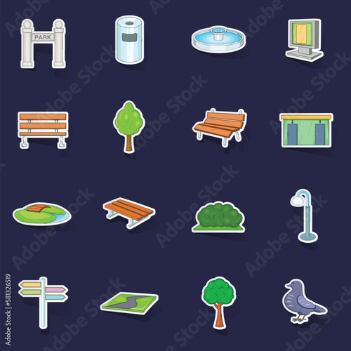 Park icons set stikers collection vector with shadow on purple background