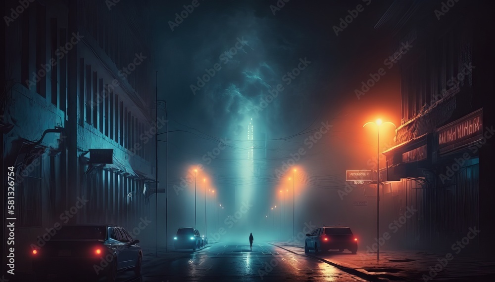 Dark street, night smog and smoke neon light. Dark background of the night city. Generative ai