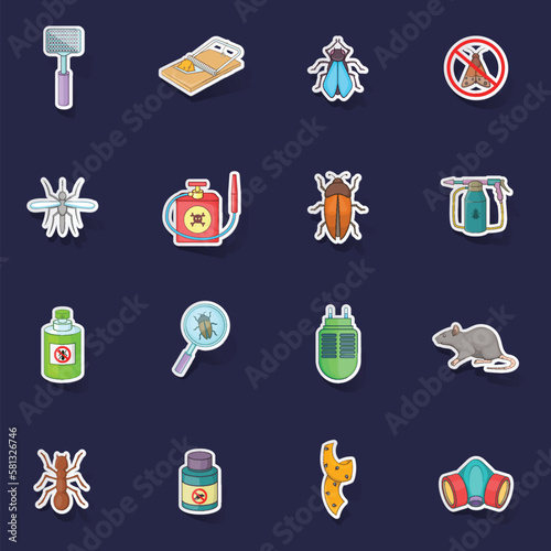 Exterminator icons set stikers collection vector with shadow on purple background
