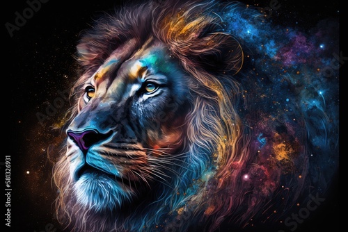 Majestic lion face blends with the colorful universe. Generative AI