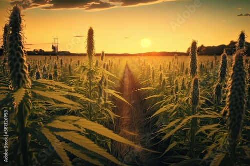 Sunset industrial hemp cannabis farming. Photo generative AI