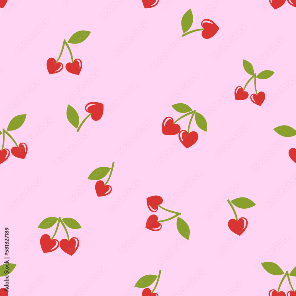 Seamless pattern with heart shaped cherry with green leaves on pink background vector illustration. Cute fruit print.