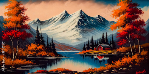 Oil painting Illustration of the scenic autumn landscape, AI generated image.
