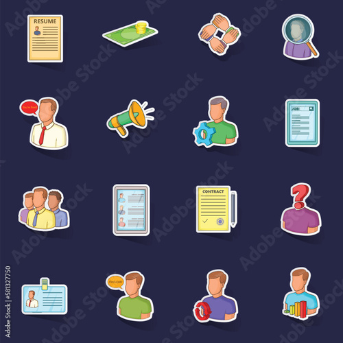 Human resources icons set stikers collection vector with shadow on purple background