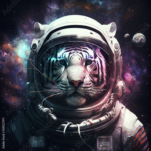 Psychedelic and futuristic astronaut white tiger animal