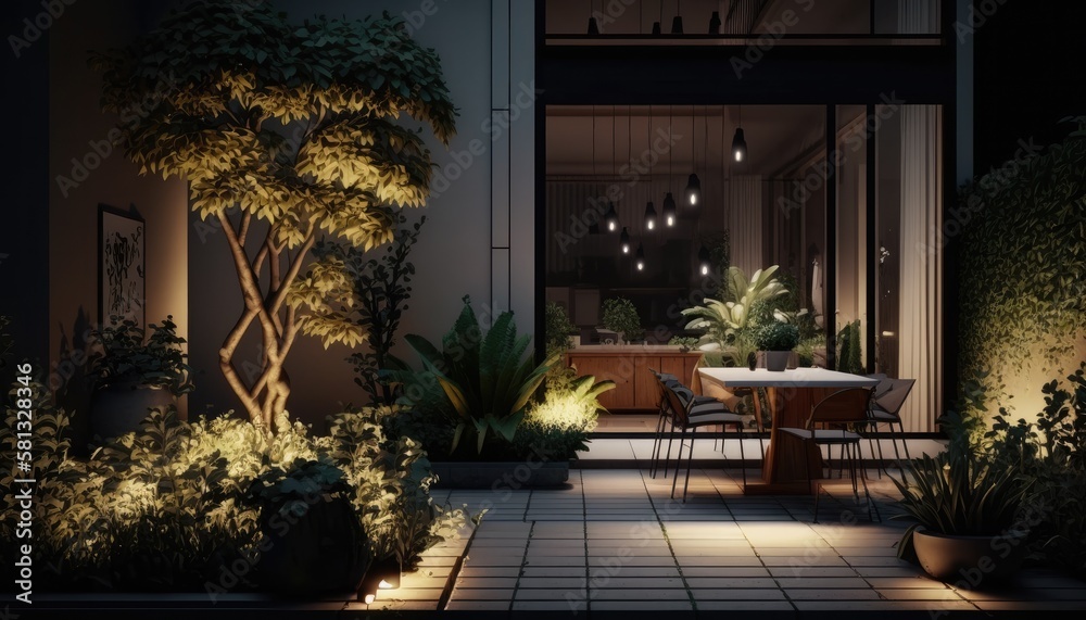 Fototapeta premium Modern terrace at night which is the perfect location for evening wine