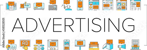 advertising media business icons set vector