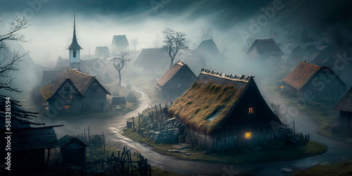 A forgotten mystical village engulfed in fog.Generative AI photo