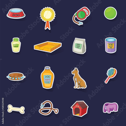 Dog care icons set stikers collection vector with shadow on purple background photo