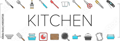 cookware kitchen cooking food icons set vector