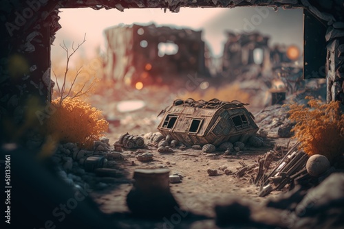Fotografiet Drive through a hyper-detailed post-apocalyptic wasteland with mutants amidst be