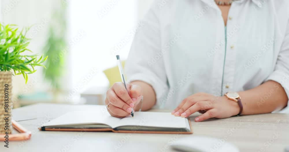 Closeup, hands and woman with notebook, planning and ideas for new project, schedule and deadline. Zoom, hand and entrepreneur with pen, journal and check list for startup, business and information Closeup, hands and woman with notebook, planning and ideas for new project, schedule and deadline. Zoom, hand and entrepreneur with pen, journal and check list for startup, business and information
