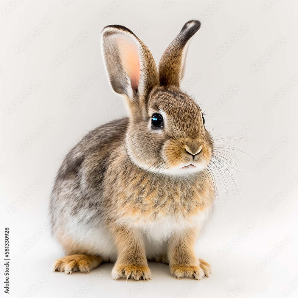 rabbits are typically viewed as gentle and friendly animals that are beloved by many people. The white background serves to highlight the rabbit's features and create a clean, minimalist aesthetic tha