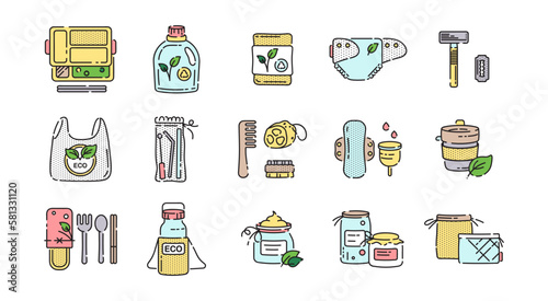 Set of zero waste reusable and biodegradable products - bottle, cutlery, stainless straw, shopping bag, menstruation cup and pad, eco cosmetics, sponge, razor, sponge. Eco friendly personal vector.