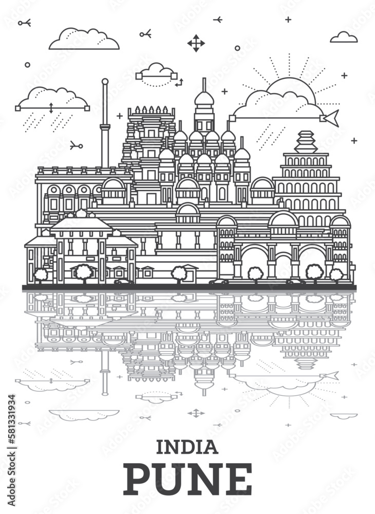 Outline Pune India City Skyline with Historic Buildings and Reflections Isolated on White. Pune Maharashtra Cityscape with Landmarks.
