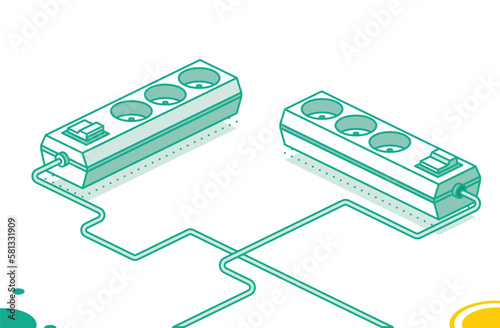 Electrical Power Socket Strip. Vector Illustration. Isometric Outline Concept. Modern Electric Extension Cord. Powerboard with Three Slots.