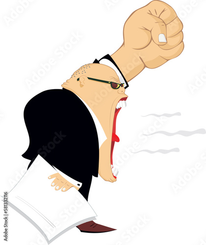 Angry boss with raised up fist.
Shouting angry chief with raised fist and papers in the hand
