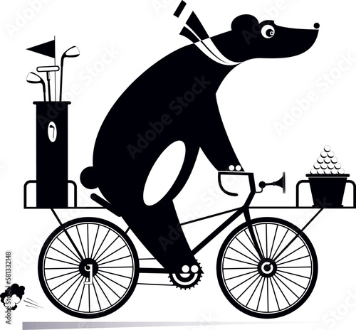 Bear on the bicycle goes to play golf. 
Cartoon bear with golf clubs and balls is on the way to the golf course on the bicycle. Black and white
