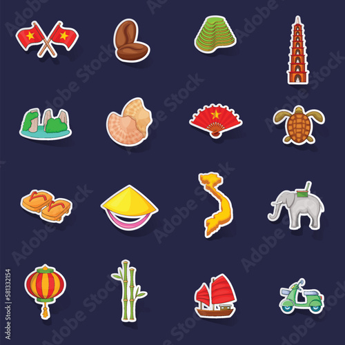 Vietnam travel icons set stikers collection vector with shadow on purple background