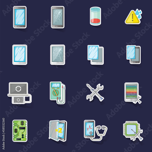 Broken phones fix icons set stikers collection vector with shadow on purple background