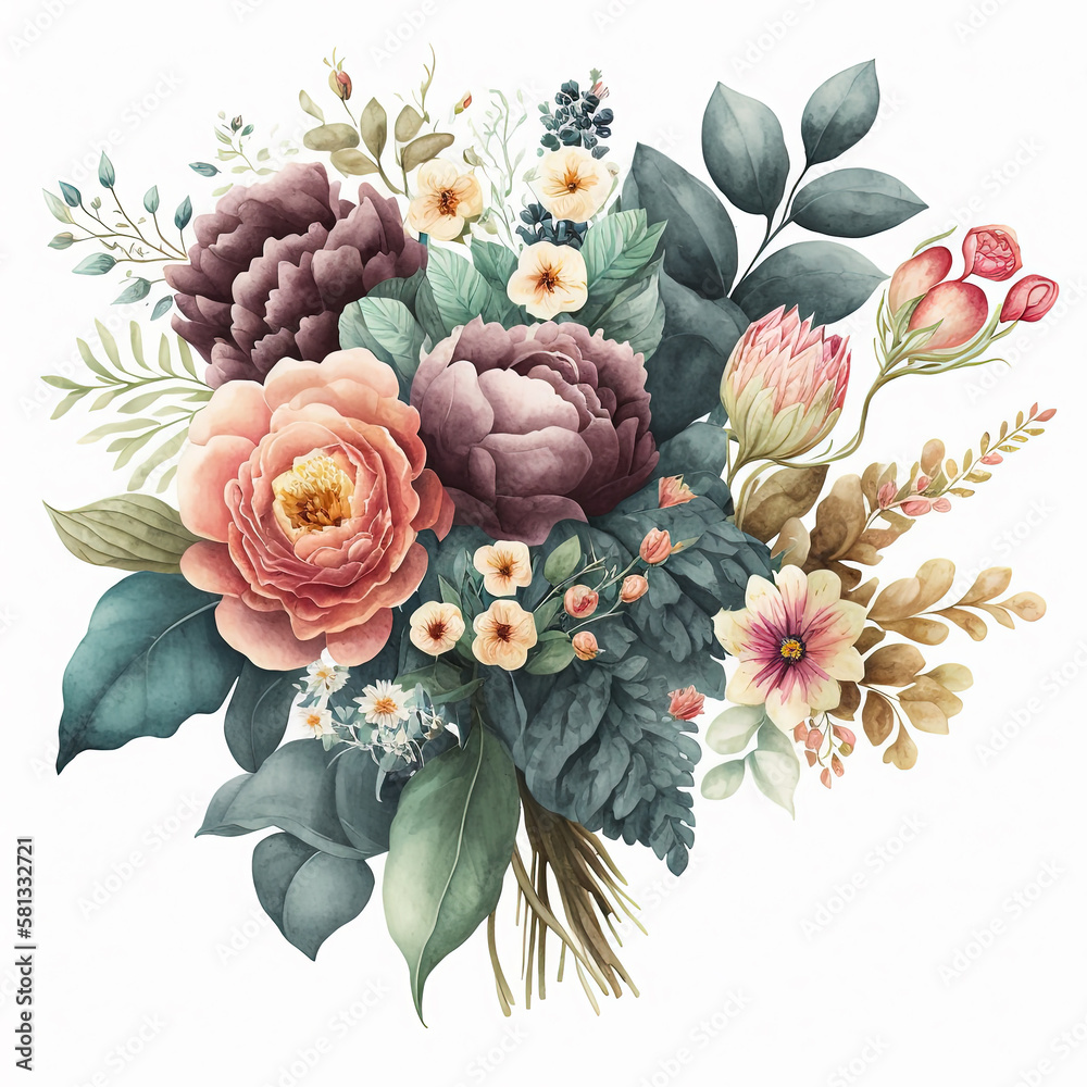 Watercolor vintage flowers bouquet isolated on white background ...
