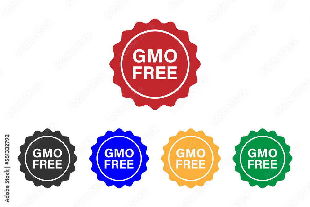 Non GMO free food packaging seal or sticker flat vector icons set Non GMO free food packaging seal or sticker flat vector icons set