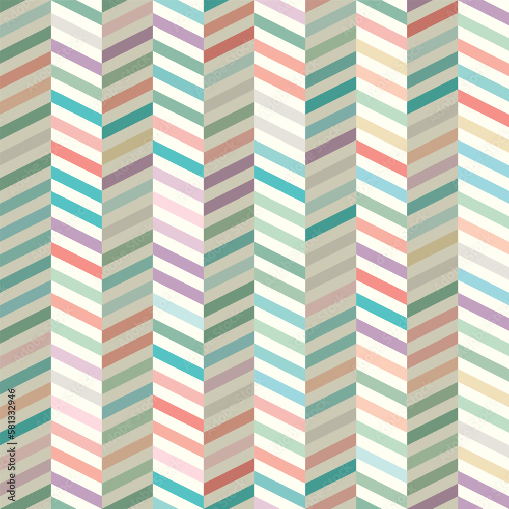 Abstract geometric background with slanted zigzag stripes of different colors. Seamless vector pattern. Calm pastel colors. Retro design for covers, postcards, wallpapers or textile.