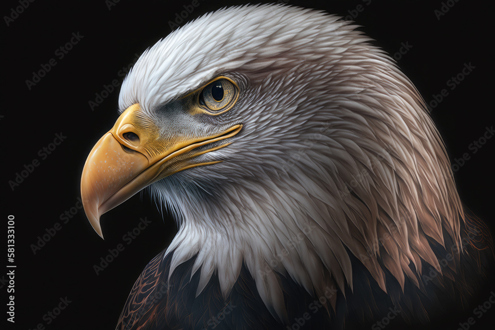 Fototapeta premium Realistic portrait of an white head eagle on a black background. Close up.Ai generative