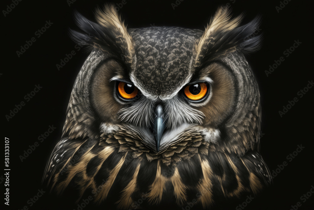 realistic portrait of an owl on a black background. Close up.Ai generative realistic portrait of an owl on a black background. Close up.Ai generative
