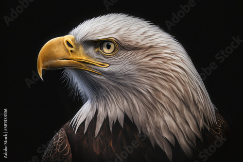 Realistic portrait of an white head eagle on a black background. Close up.Ai generative