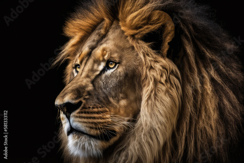 Realistic portrait of an lion on a black background. Close up.Ai generative