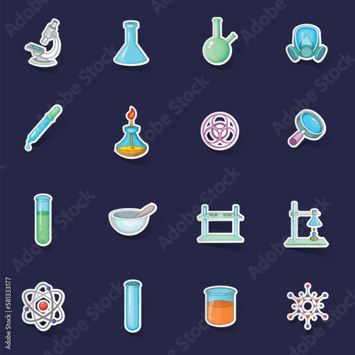 Chemical lab icons set stikers collection vector with shadow on purple background