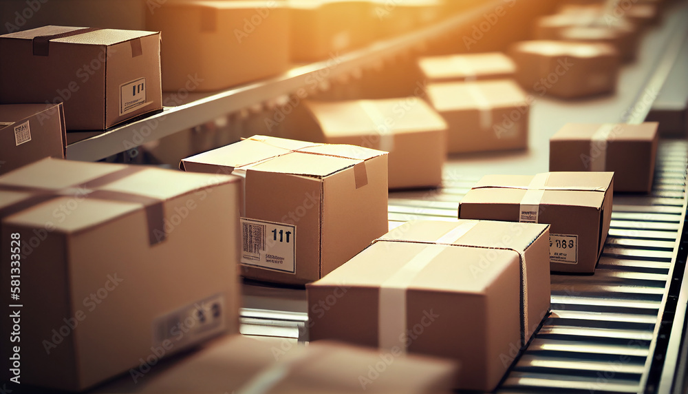 Row of brown boxes on conveyor belt in a big warehouse, Cardboard boxes in logistics warehouse, Packed courier on production line against, Generative AI - obrazy, fototapety, plakaty 