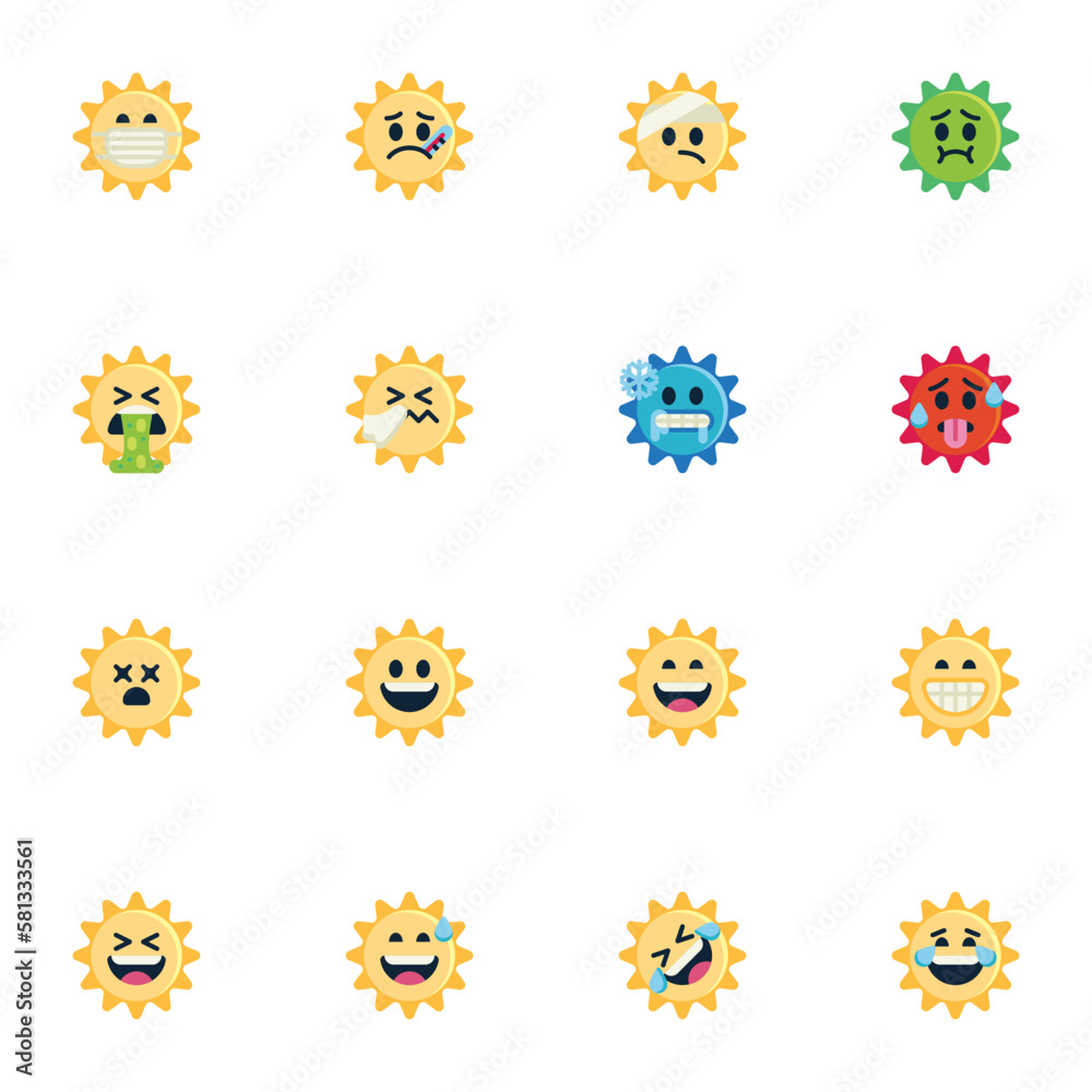Sun emoji collection, flat icons set Sun emoji collection, flat icons set