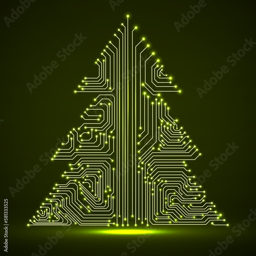 Abstract technology glowing Christmas tree, neon circuit board