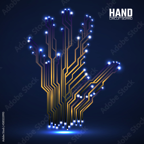 Abstract neon hand of circuit board, glowing technology concept. Vector illustration