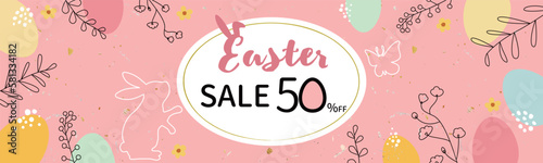 Happy Easter Sale banner. Trendy Easter design with eggs, rabbit, flowers and plants in pastel colors. Modern minimal style. Horizontal poster, greeting card, header for website