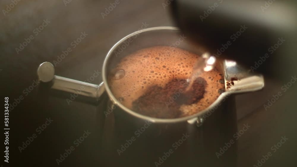 Making Coffee in a French Press. French Press coffee. Metal mug