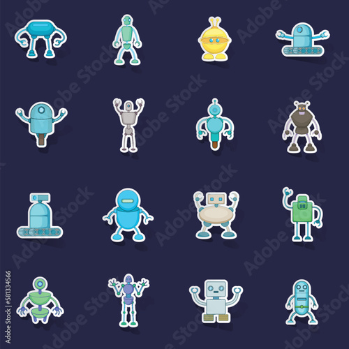 Robot icons set stikers collection vector with shadow on purple background