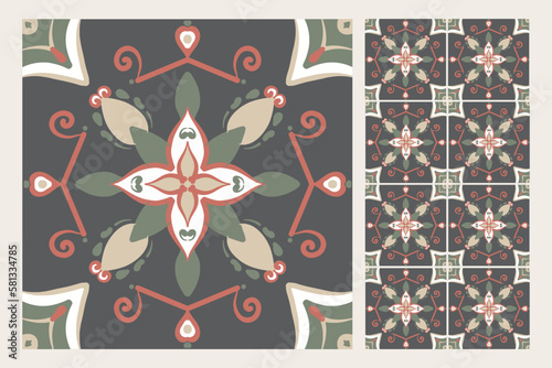 Set of patterned azulejo floor tiles. Abstract geometric background. Vector illustration, seamless mediterranean pattern. Portuguese floor tiles azulejo design. Floor cement talavera tiles collection