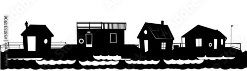 Floating house. Silhouette design. Dwelling with small courtyard on water. Isolated on white background. illustration vector.