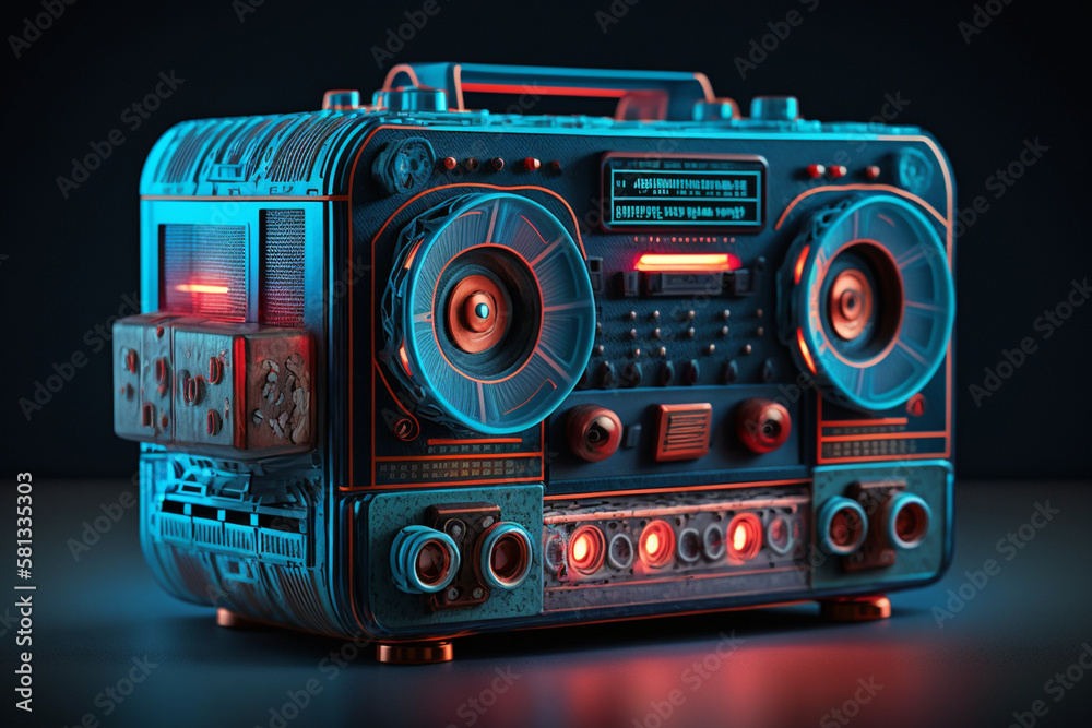 Fototapeta premium Retro radio tape recorder, in blue-red neon gradient light