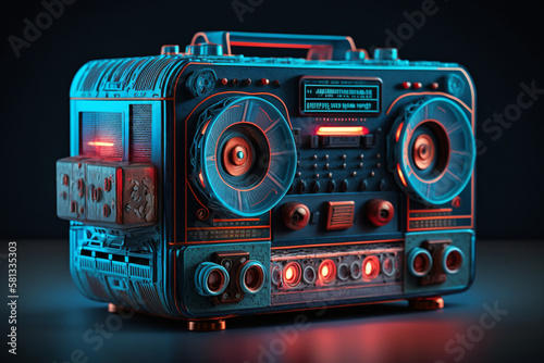 Retro radio tape recorder, in blue-red neon gradient light
