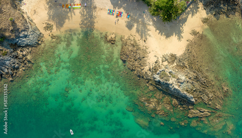 .aerial panorama view above turquoise sea around Nui beach small beach surrounded by tourist attractions..Nui beach is the good place for swimming snorkeling and sea canoe..turquoise sea background..