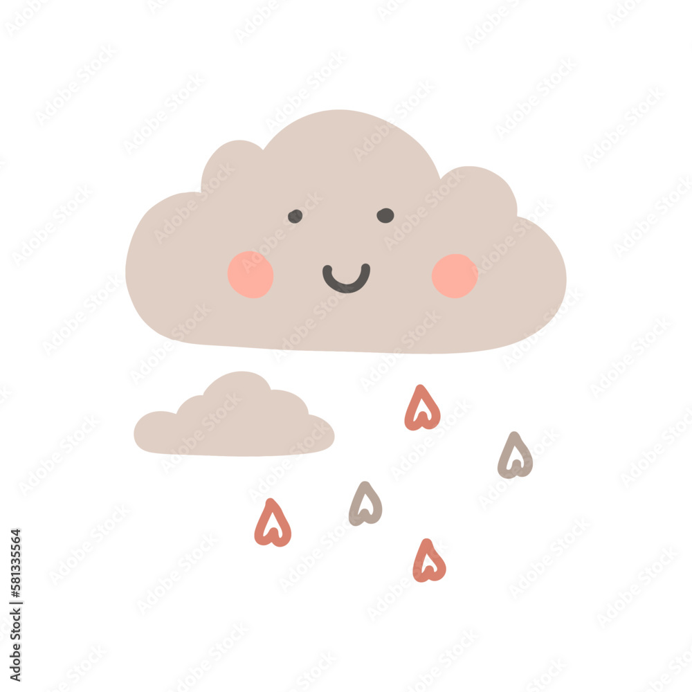 Cute Kawaii cloud with rain hearts. Vector illustration Cute Kawaii cloud with rain hearts. Vector illustration